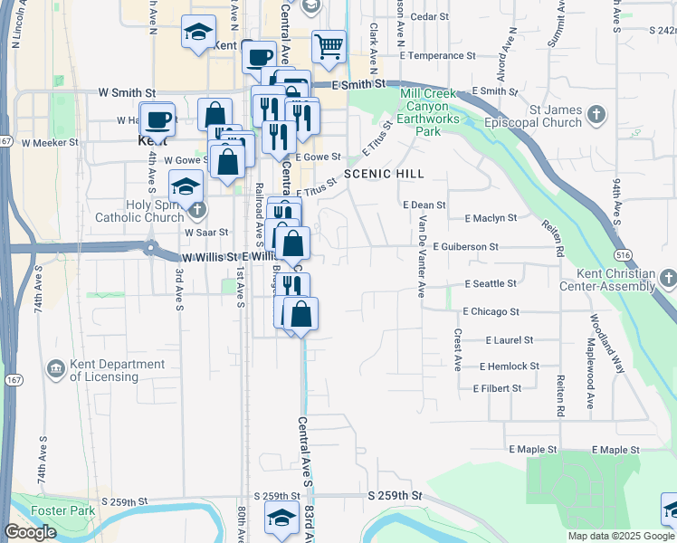 map of restaurants, bars, coffee shops, grocery stores, and more near 509 Scenic Way in Kent