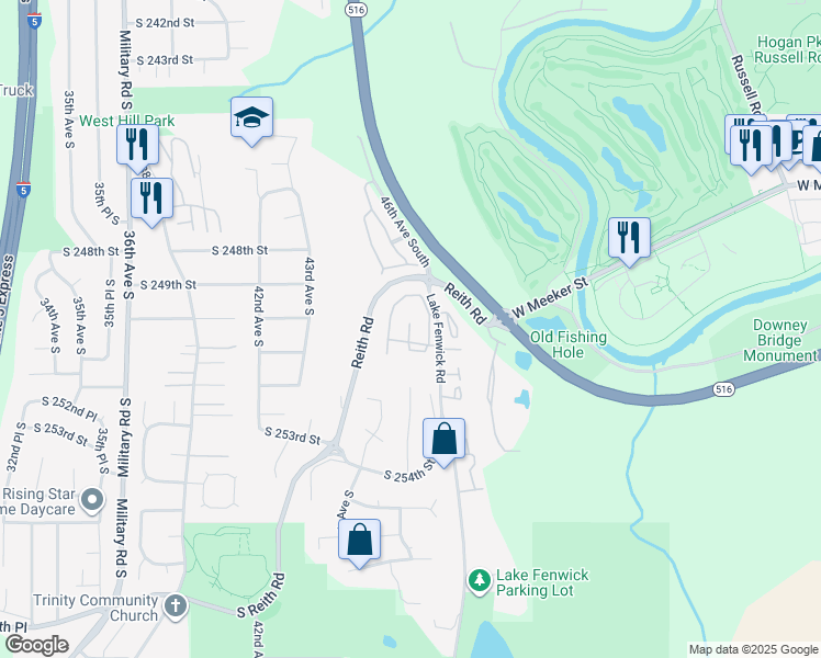 map of restaurants, bars, coffee shops, grocery stores, and more near 25008 45th Place South in Kent