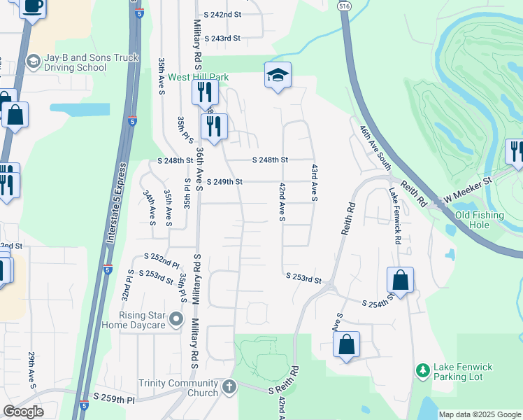 map of restaurants, bars, coffee shops, grocery stores, and more near 3821 South 250th Street in Kent
