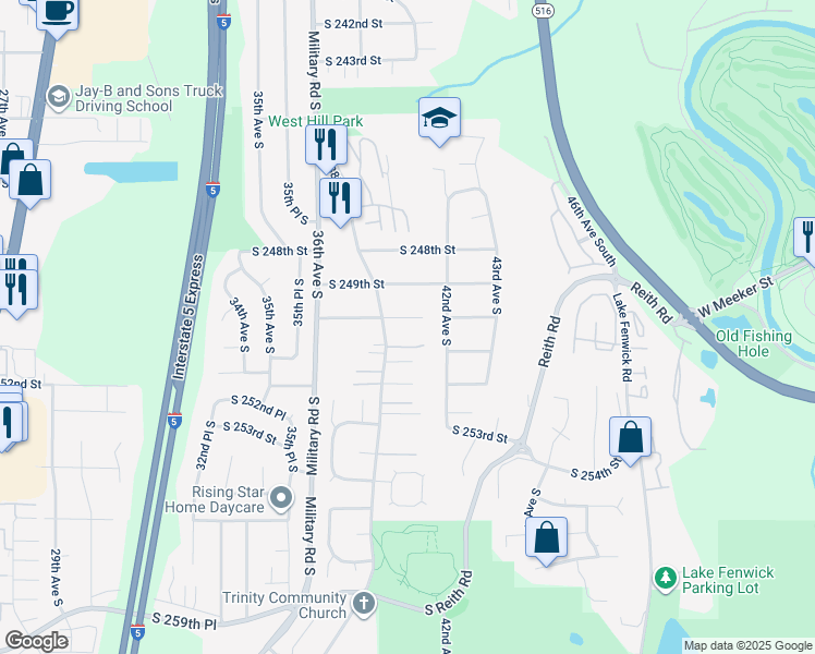 map of restaurants, bars, coffee shops, grocery stores, and more near 3821 South 250th Street in Kent