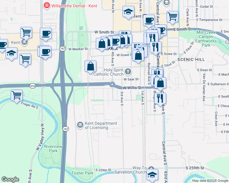 map of restaurants, bars, coffee shops, grocery stores, and more near 510 4th Avenue South in Kent