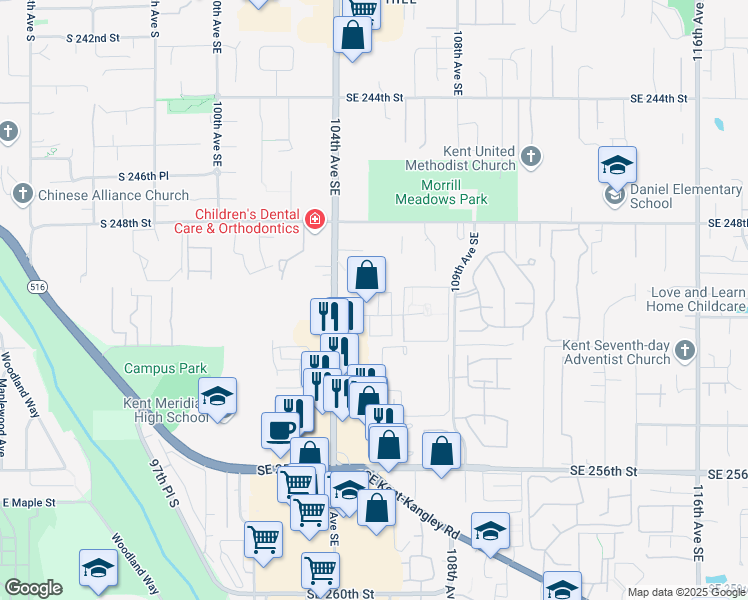 map of restaurants, bars, coffee shops, grocery stores, and more near 10508 Southeast 250th Place in Kent