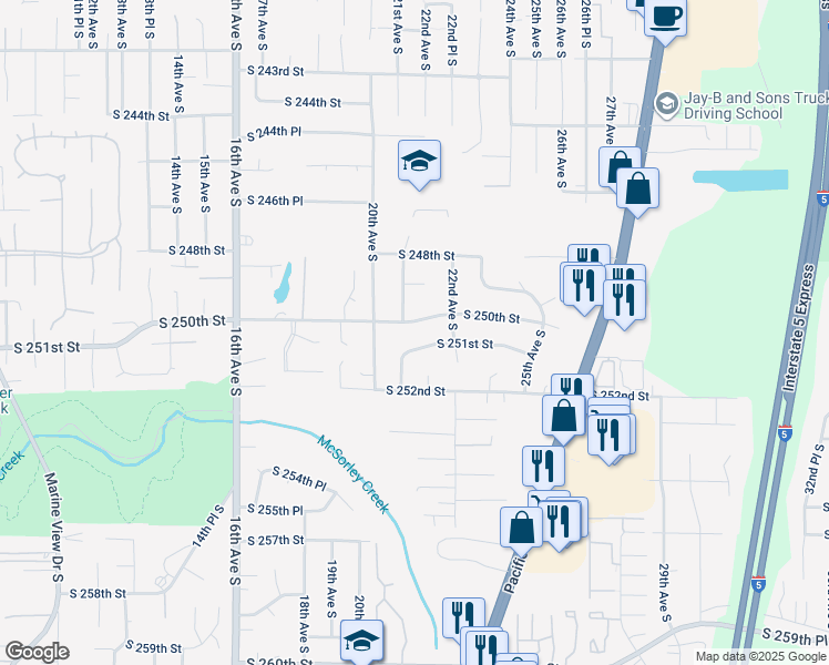 map of restaurants, bars, coffee shops, grocery stores, and more near 2021 South 250th Street in Kent