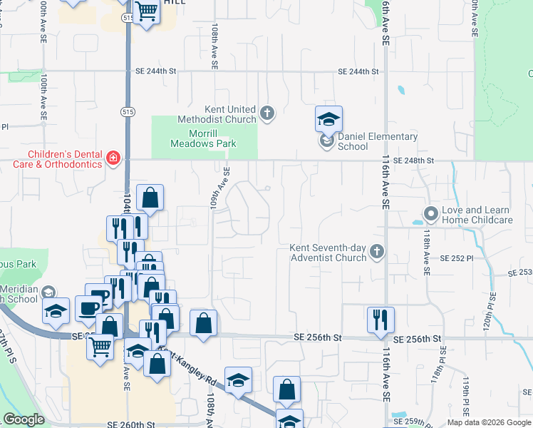 map of restaurants, bars, coffee shops, grocery stores, and more near 11052 Southeast 250th Court in Kent