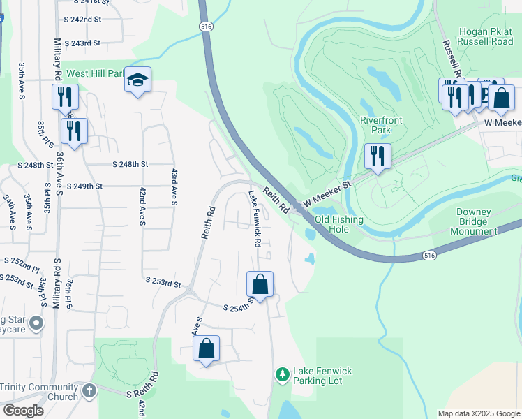 map of restaurants, bars, coffee shops, grocery stores, and more near 25038 Lake Fenwick Road in Kent