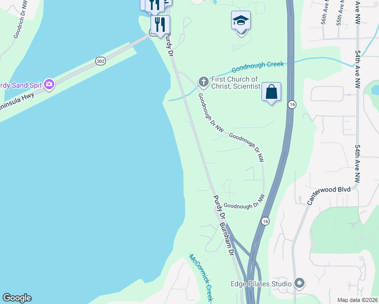 map of restaurants, bars, coffee shops, grocery stores, and more near 13104 Purdy Drive in Gig Harbor