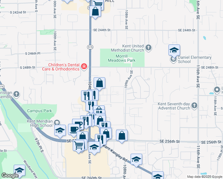 map of restaurants, bars, coffee shops, grocery stores, and more near 25010 106th Avenue Southeast in Kent