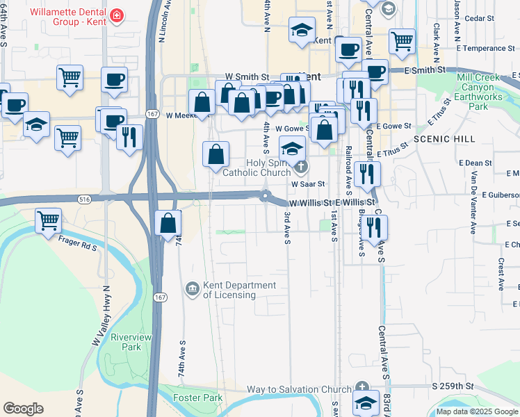 map of restaurants, bars, coffee shops, grocery stores, and more near 503 4th Avenue South in Kent