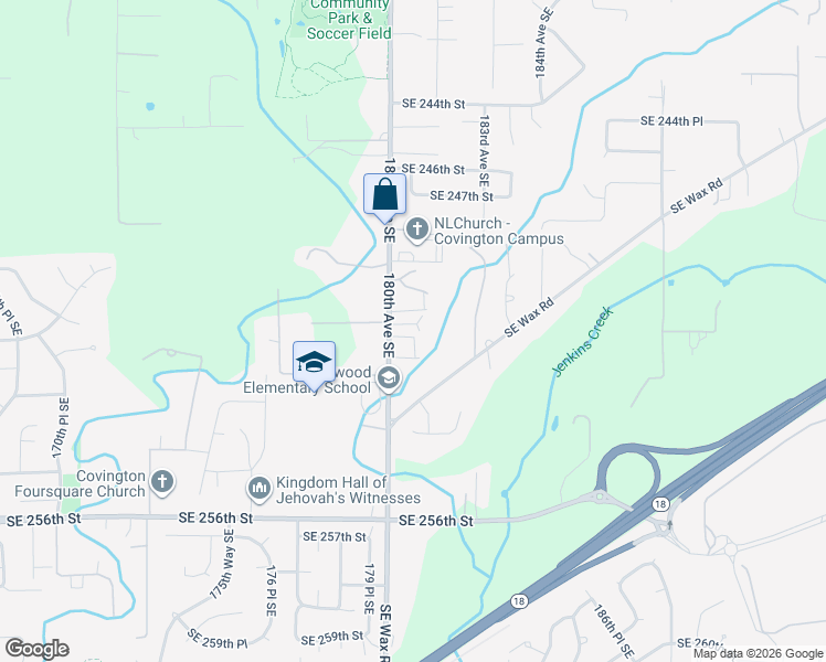 map of restaurants, bars, coffee shops, grocery stores, and more near 18019 Southeast 250th Place in Covington