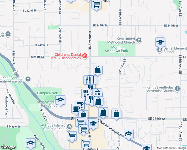 map of restaurants, bars, coffee shops, grocery stores, and more near 25012 104th Avenue Southeast in Kent