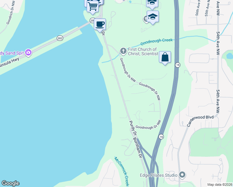 map of restaurants, bars, coffee shops, grocery stores, and more near 13104 Purdy Drive in Gig Harbor