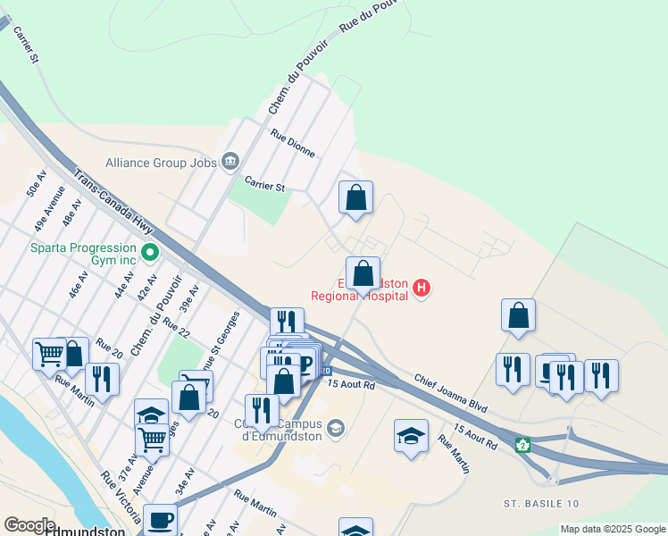 map of restaurants, bars, coffee shops, grocery stores, and more near 10 Avenue Bateman in Edmundston
