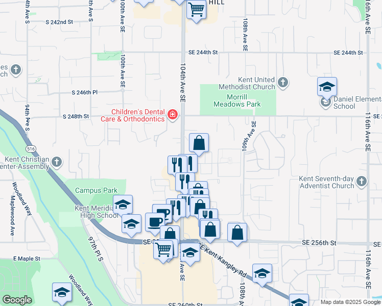map of restaurants, bars, coffee shops, grocery stores, and more near 25012 104th Avenue Southeast in Kent