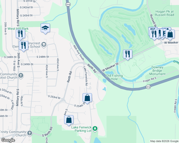 map of restaurants, bars, coffee shops, grocery stores, and more near 25038 Lake Fenwick Road in Kent