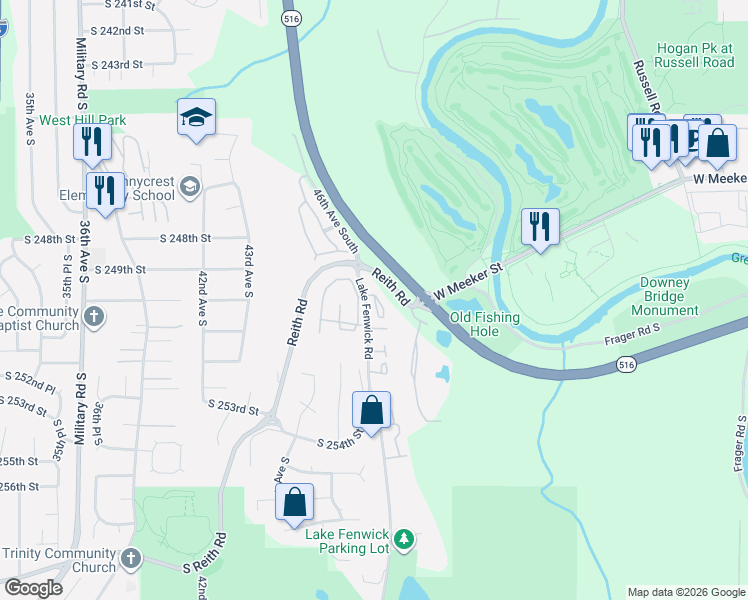 map of restaurants, bars, coffee shops, grocery stores, and more near 25038 Lake Fenwick Road in Kent