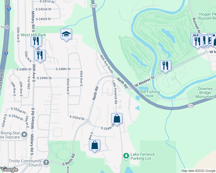 map of restaurants, bars, coffee shops, grocery stores, and more near 25008 45th Place South in Kent