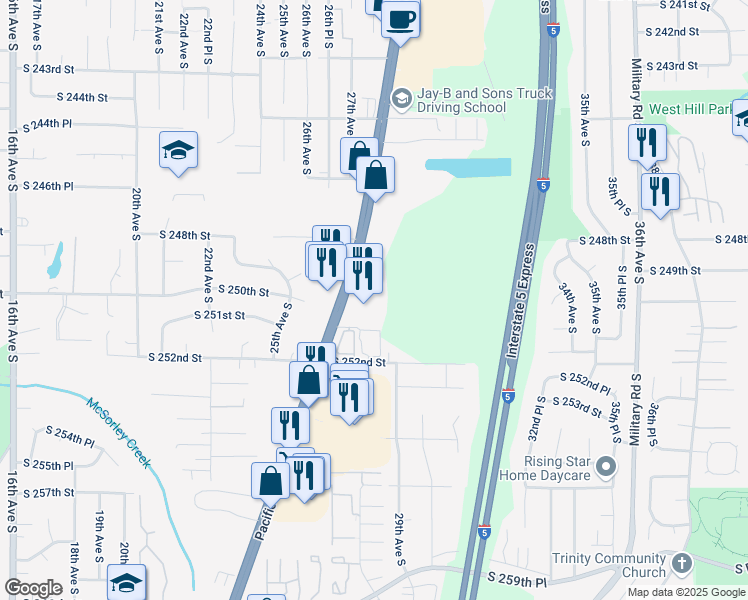 map of restaurants, bars, coffee shops, grocery stores, and more near 24852 Pacific Highway South in Kent