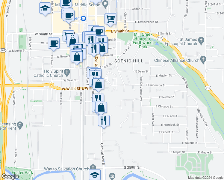 map of restaurants, bars, coffee shops, grocery stores, and more near 509 Scenic Way in Kent