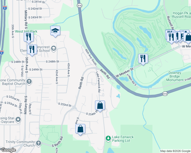 map of restaurants, bars, coffee shops, grocery stores, and more near 24849 46th Avenue South in Kent