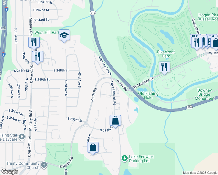 map of restaurants, bars, coffee shops, grocery stores, and more near 25008 45th Place South in Kent