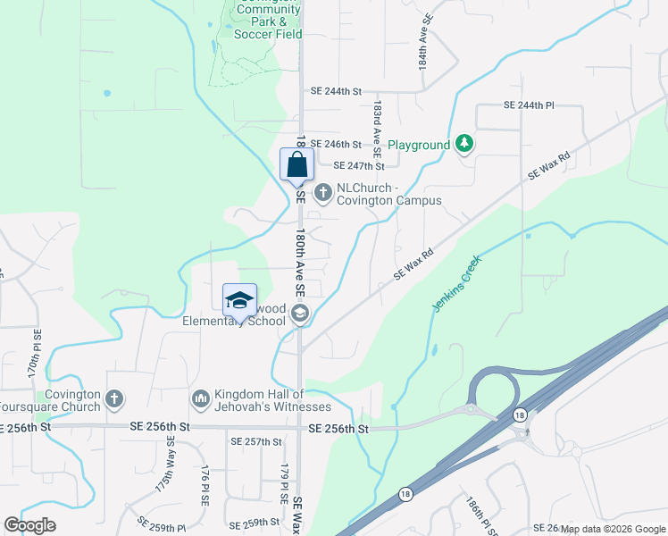 map of restaurants, bars, coffee shops, grocery stores, and more near 25012 181st Avenue Southeast in Covington