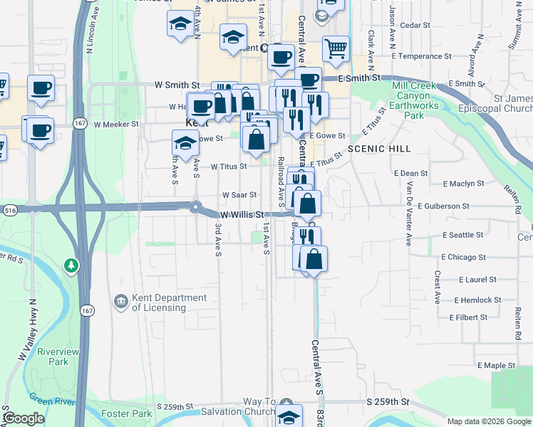map of restaurants, bars, coffee shops, grocery stores, and more near 103 East Willis Street in Kent