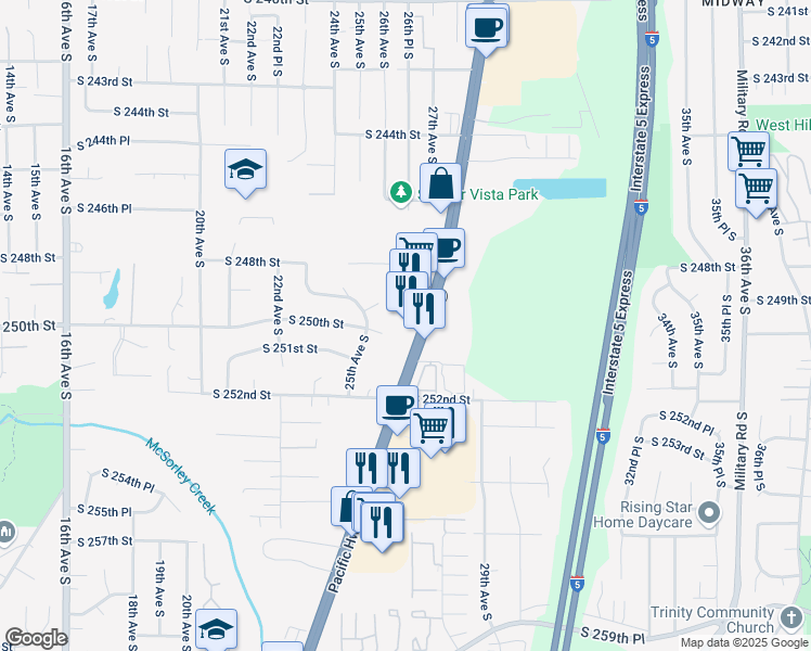 map of restaurants, bars, coffee shops, grocery stores, and more near 25009 Highway 99 in Kent