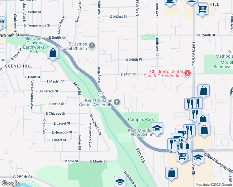 map of restaurants, bars, coffee shops, grocery stores, and more near 9440 Canyon Drive in Kent