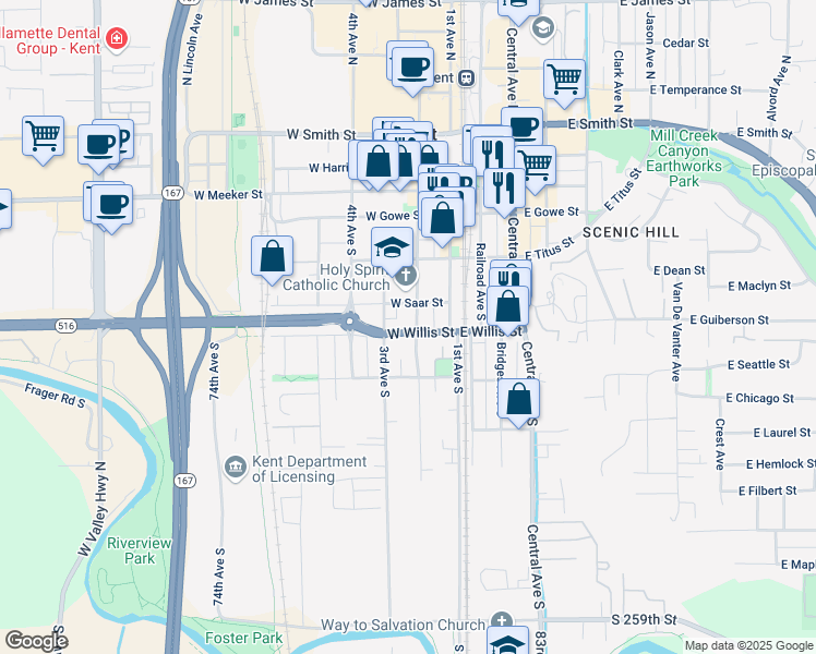 map of restaurants, bars, coffee shops, grocery stores, and more near 421 2nd Avenue South in Kent