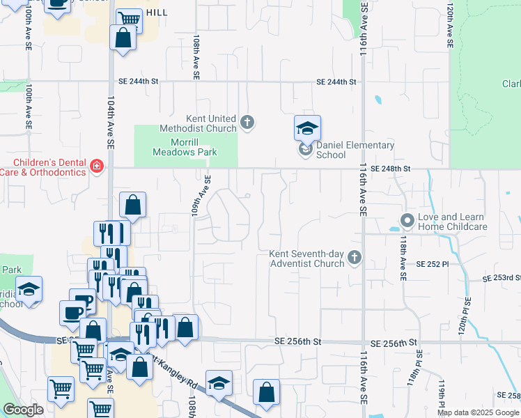 map of restaurants, bars, coffee shops, grocery stores, and more near 24923 111th Avenue Southeast in Kent