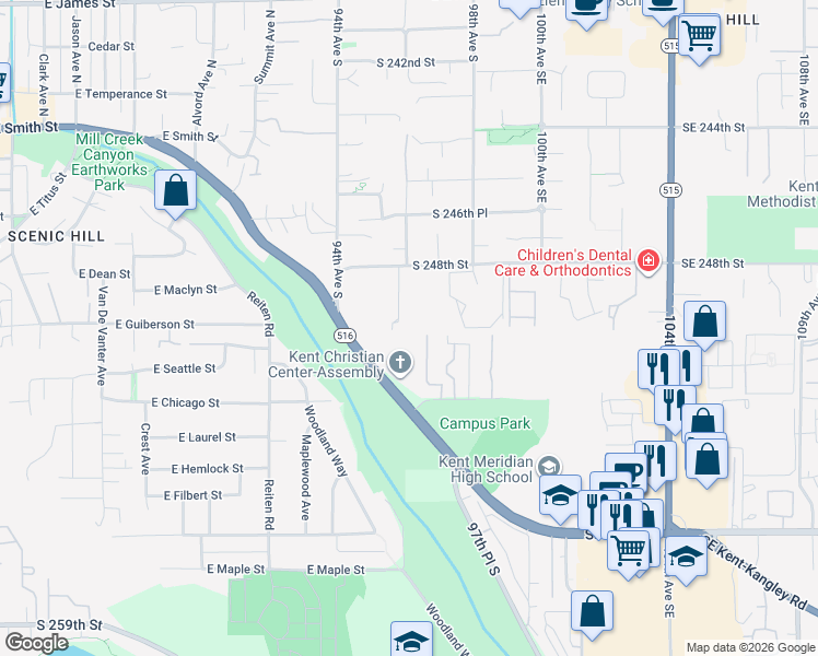 map of restaurants, bars, coffee shops, grocery stores, and more near 9440 Canyon Drive in Kent