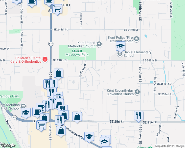 map of restaurants, bars, coffee shops, grocery stores, and more near 11043 Southeast 250th Court in Kent