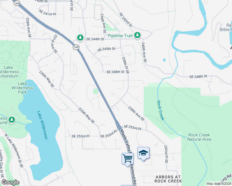 map of restaurants, bars, coffee shops, grocery stores, and more near 23714 Southeast 251st Street in Maple Valley