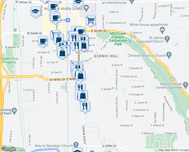 map of restaurants, bars, coffee shops, grocery stores, and more near 443 Alpine Way in Kent