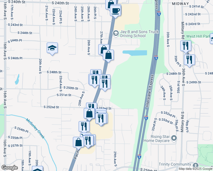 map of restaurants, bars, coffee shops, grocery stores, and more near 24852 Pacific Highway South in Kent