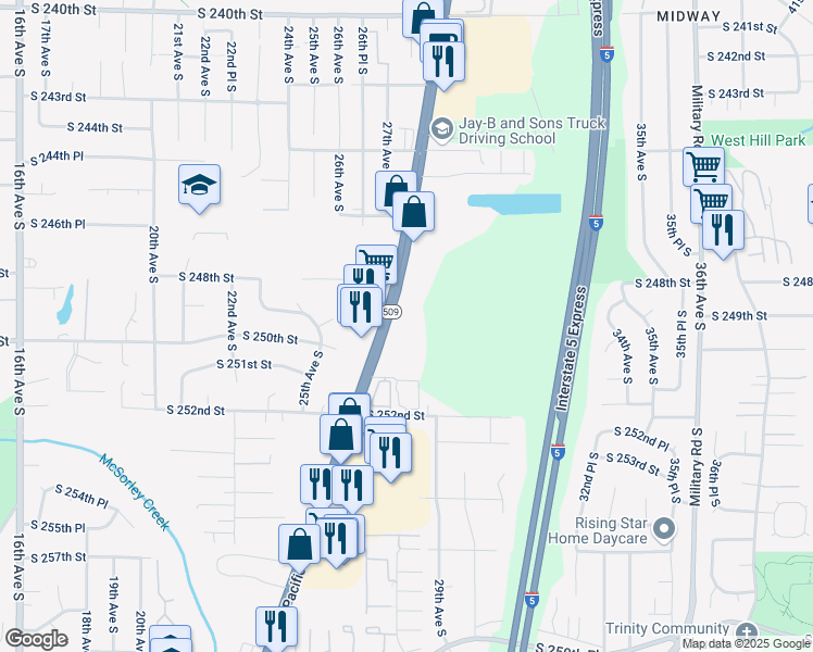 map of restaurants, bars, coffee shops, grocery stores, and more near 24852 Pacific Highway South in Kent