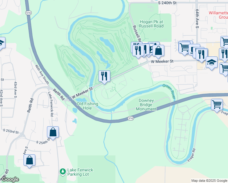 map of restaurants, bars, coffee shops, grocery stores, and more near 2200 West Meeker Street in Kent
