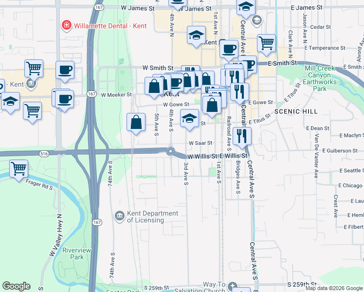 map of restaurants, bars, coffee shops, grocery stores, and more near 321 3rd Avenue South in Kent