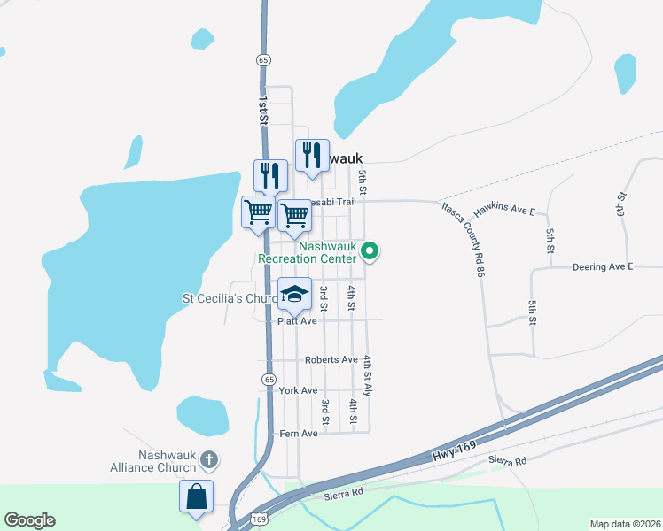 map of restaurants, bars, coffee shops, grocery stores, and more near 207 4th Street in Nashwauk