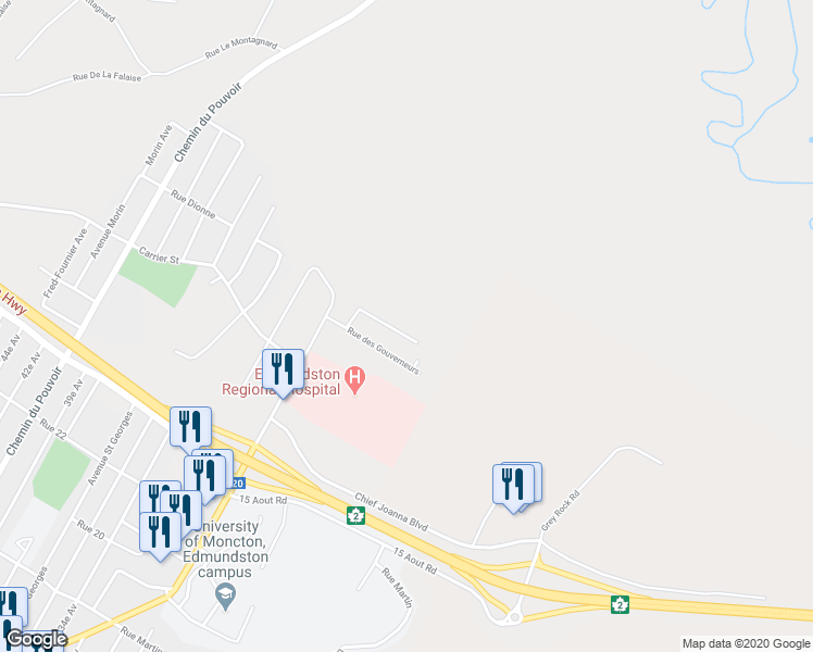 map of restaurants, bars, coffee shops, grocery stores, and more near 20 Rue des Seigneurs in Edmundston