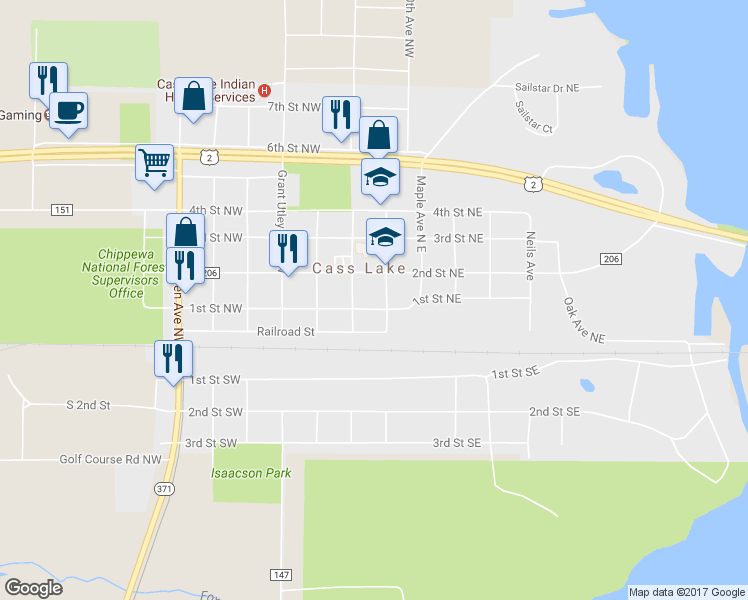 map of restaurants, bars, coffee shops, grocery stores, and more near 16 2nd Street Northeast in Cass Lake