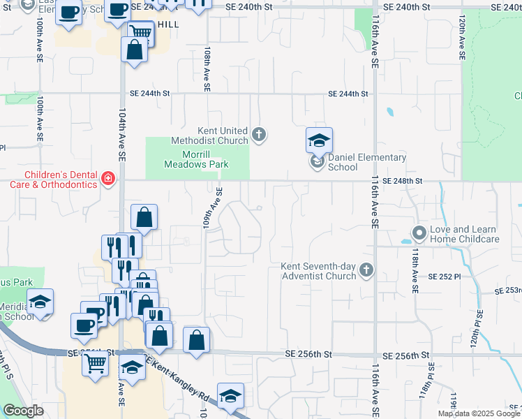 map of restaurants, bars, coffee shops, grocery stores, and more near 11053 Southeast 249th Court in Kent