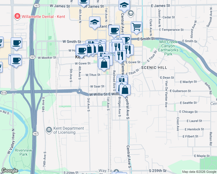 map of restaurants, bars, coffee shops, grocery stores, and more near 324 1st Avenue South in Kent