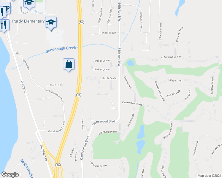 map of restaurants, bars, coffee shops, grocery stores, and more near 6105 132nd Street Court Northwest in Gig Harbor