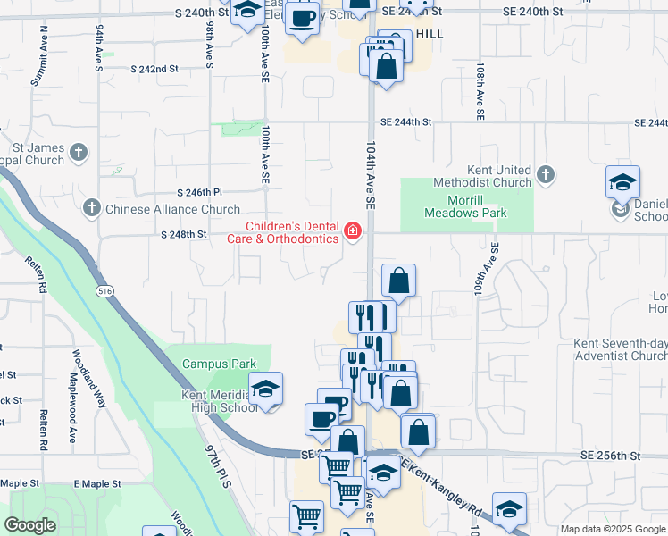 map of restaurants, bars, coffee shops, grocery stores, and more near 24815 103rd Avenue Southeast in Kent