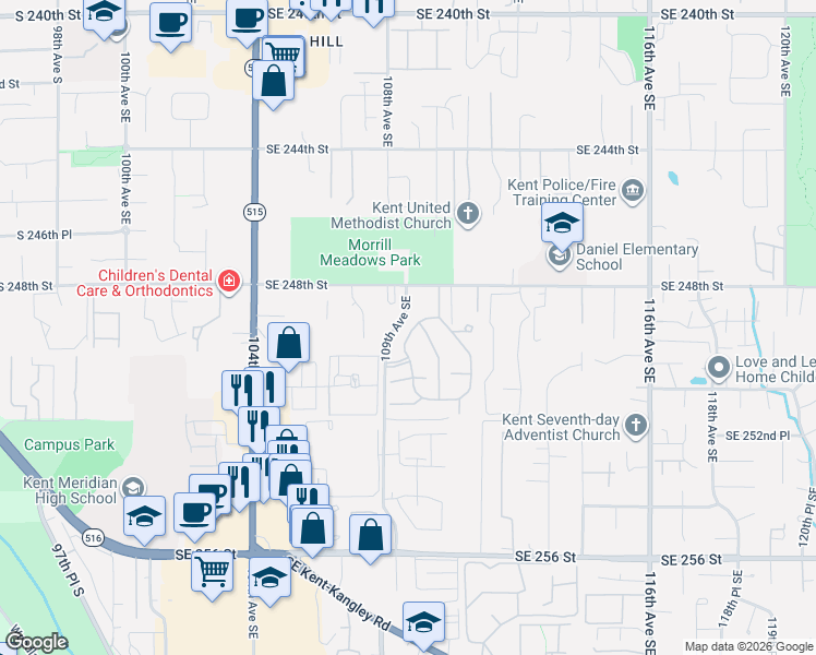 map of restaurants, bars, coffee shops, grocery stores, and more near 24932 109th Place Southeast in Kent