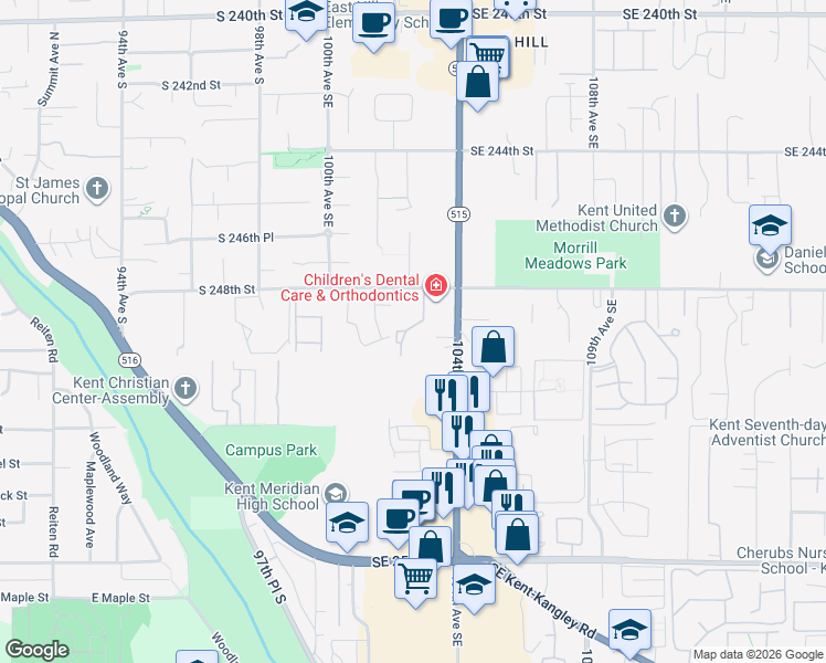 map of restaurants, bars, coffee shops, grocery stores, and more near 24815 103rd Avenue Southeast in Kent