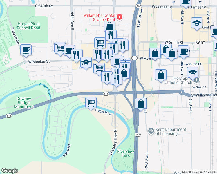 map of restaurants, bars, coffee shops, grocery stores, and more near 335 Washington Avenue South in Kent