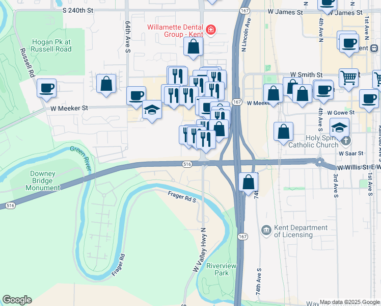map of restaurants, bars, coffee shops, grocery stores, and more near 335 Washington Avenue South in Kent