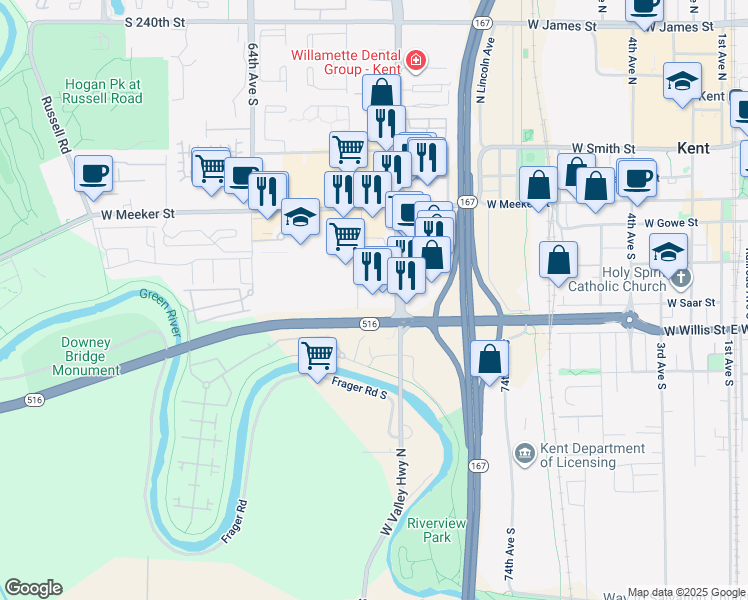 map of restaurants, bars, coffee shops, grocery stores, and more near 335 Washington Avenue South in Kent